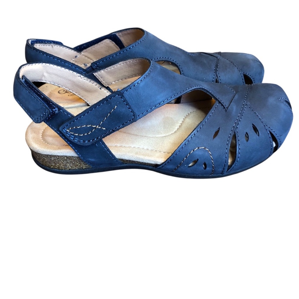 Earth Origins Birdine Sandals Size 7.5 Dark Blue Cork Wedge Comfort WORN ONCE